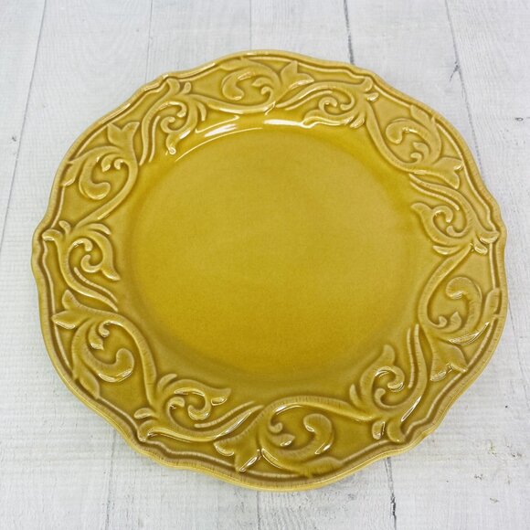 Chris Madden JC Penny CORVELLA GOLD  Emboss Scroll Stoneware Dinner Plate Set 4 - Picture 6 of 16